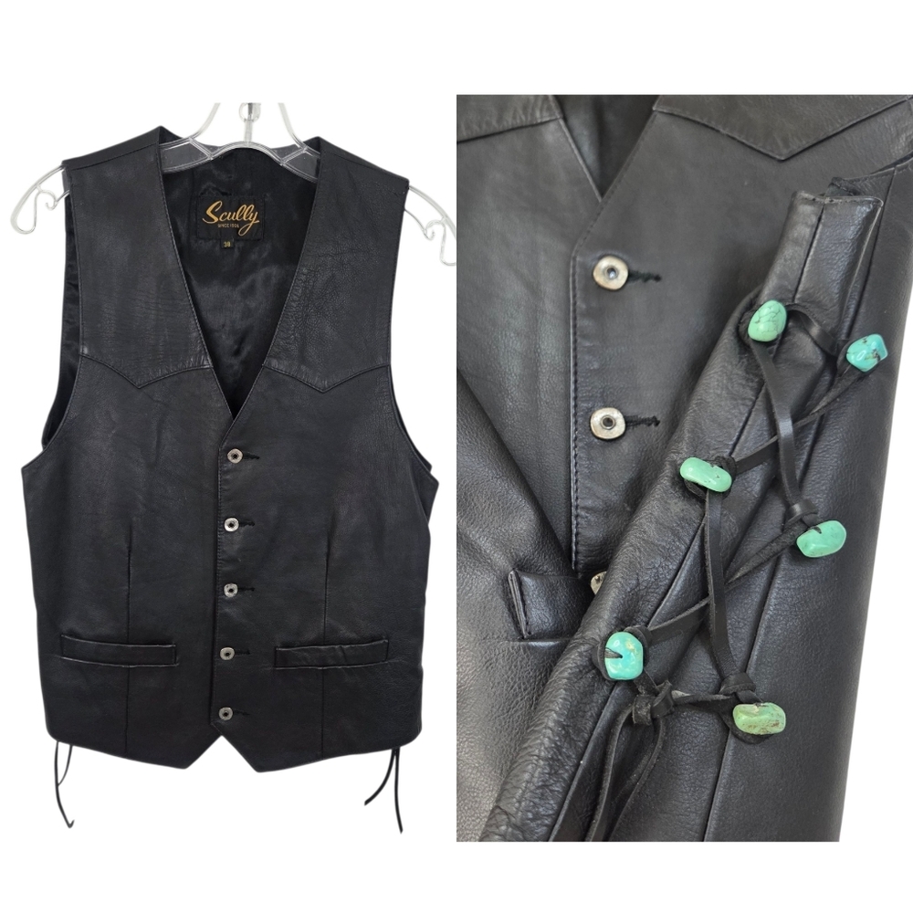 Scully Vintage Leather Vest Turquoise Stone Side Lacing Mens 38 Small Black